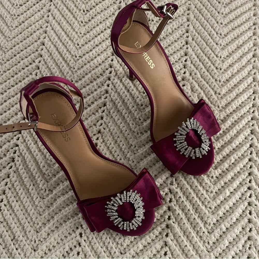 Express magenta fuchsia Satin rhinestone embellishment heels